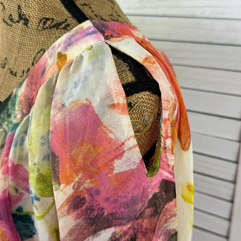 Chenault Watercolor Floral Chiffon Cold Shoulder Blouse Multicolor Small Pink - Image 6