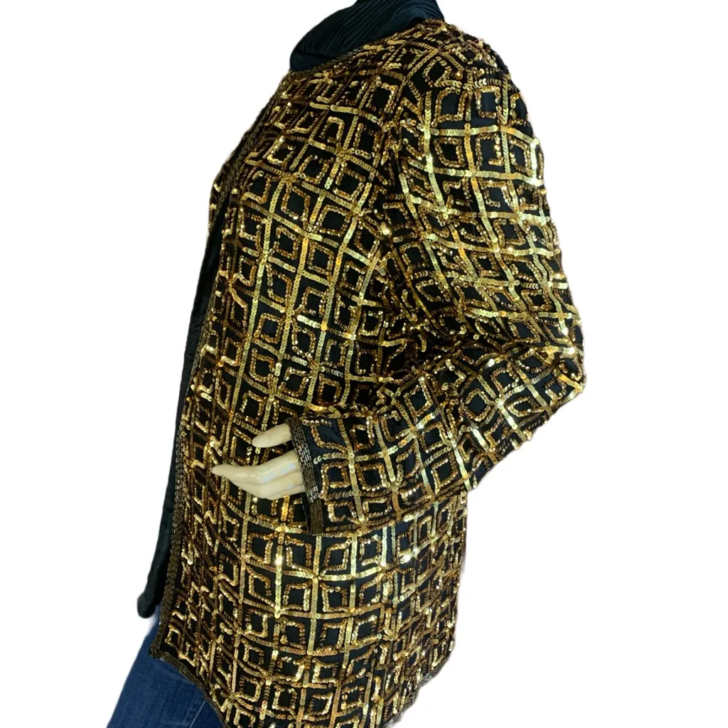 VINTAGE CIRCA 1980'S CARINA BLACK W/GOLD SEQUINS SILK OPEN-FRONT JACKET (XL) - Image 3