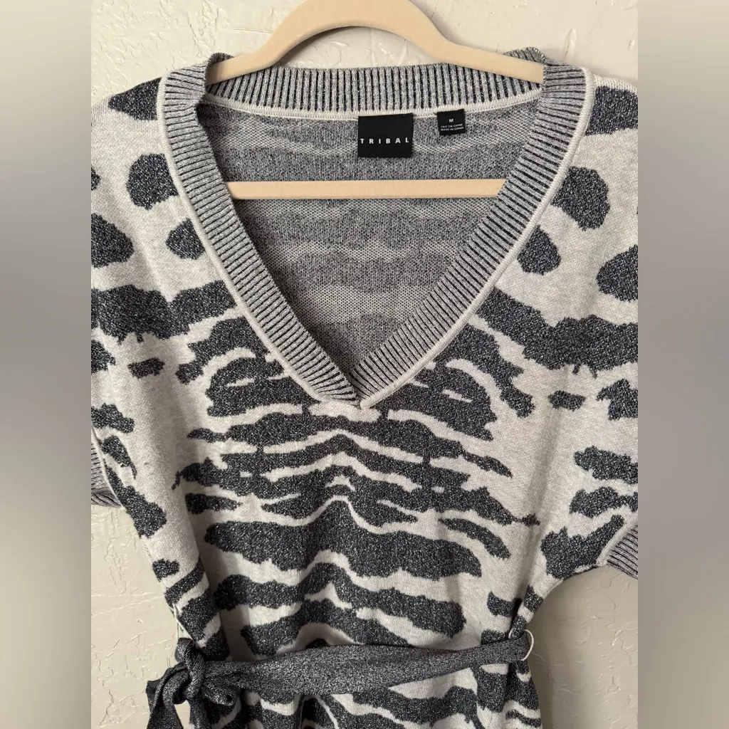 Tribal Sweater Dress Womens M Silver Gray Zebra Print Belted Tunic Top Size M - Image 3