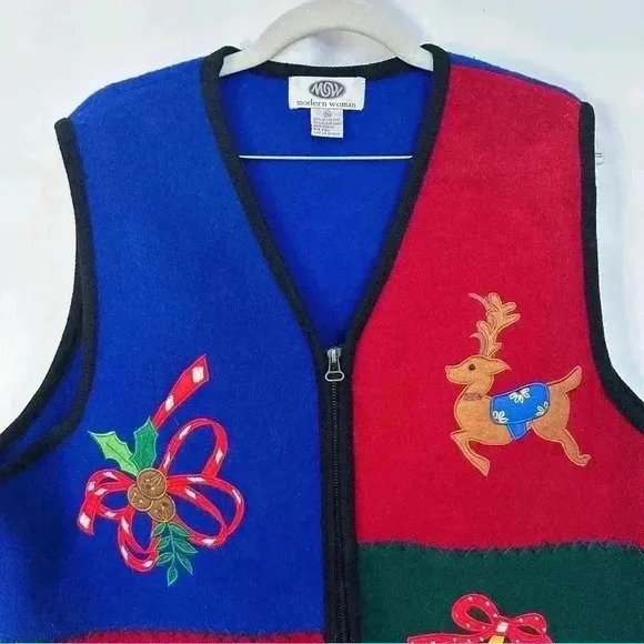 Modern Women Ugly Christmas‎ Sweater Vest 100% Boiled Wool Grannycore Sz 18/20 Blue - Image 3