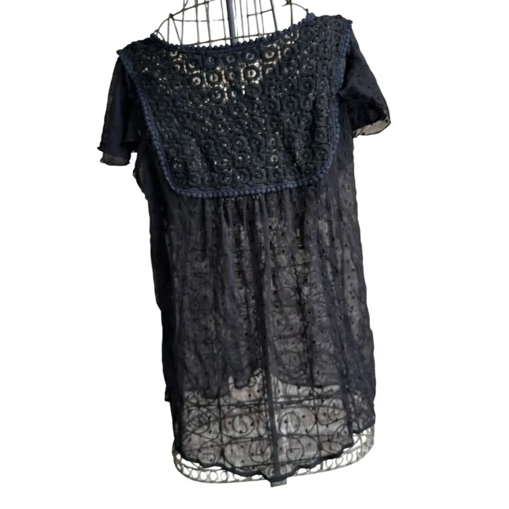 Denim 24 7 Blouse 14W Black Semi Sheer Swiss Dots Flutter Sleeves Crochet - Image 6