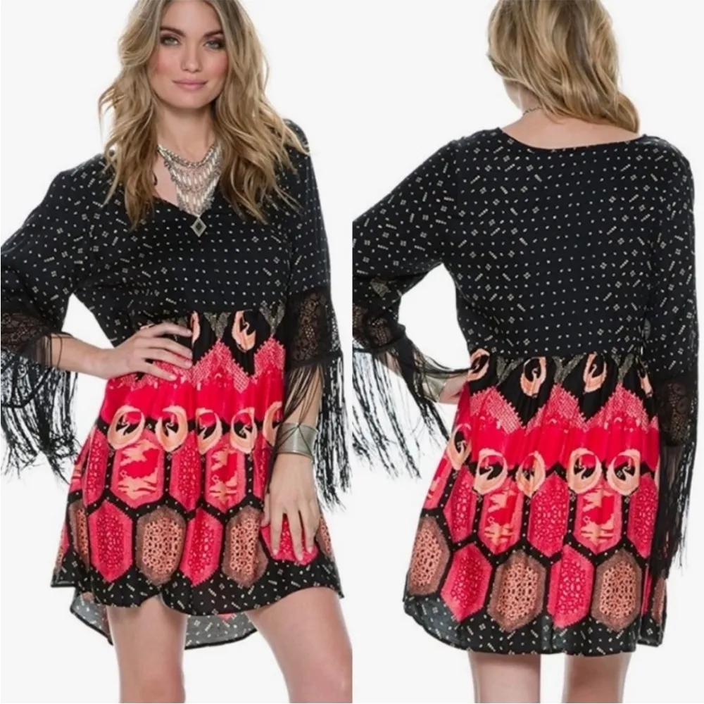 MINKPINK Dancing Crane Fringe Sleeve Boho Babydoll Dress Size S - Image 2