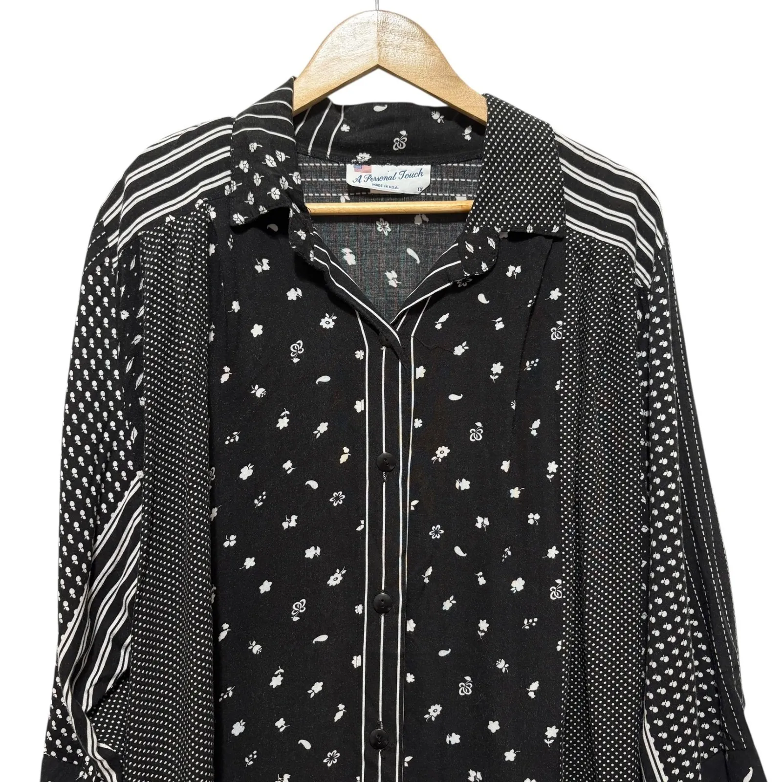 VTG A Personal Touch Women Button Top 1X Black White Floral Stripe Patchwork 80s - Image 3