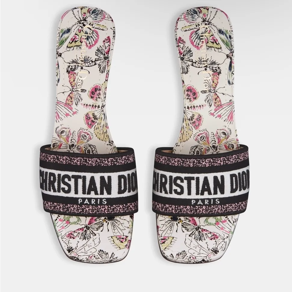 Dior DWAY HEELED SLIDE White Cotton Embroidered Libellule Camouflage Motif - Image 3