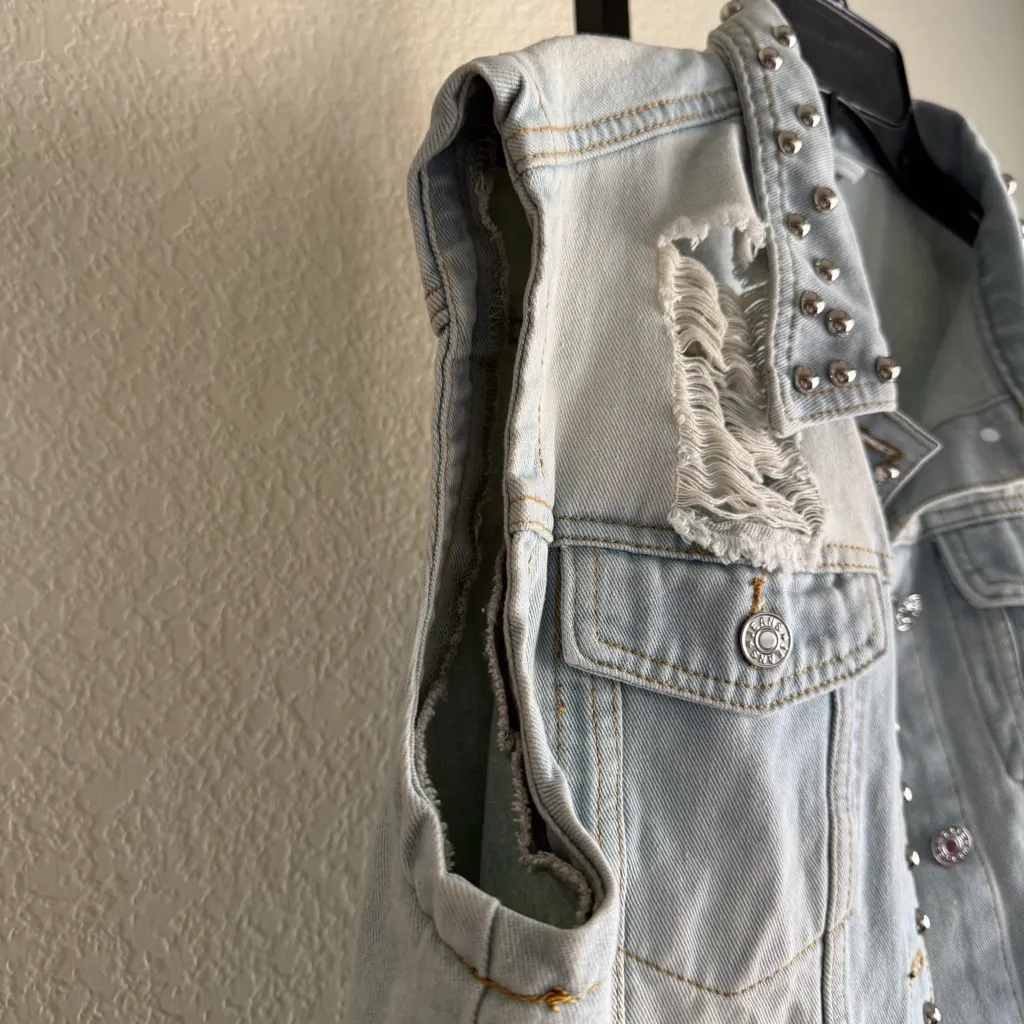 Studded Distressed Denim Vest Light Wash Jean Medium Grunge Streetwear Layered Blue - Image 4
