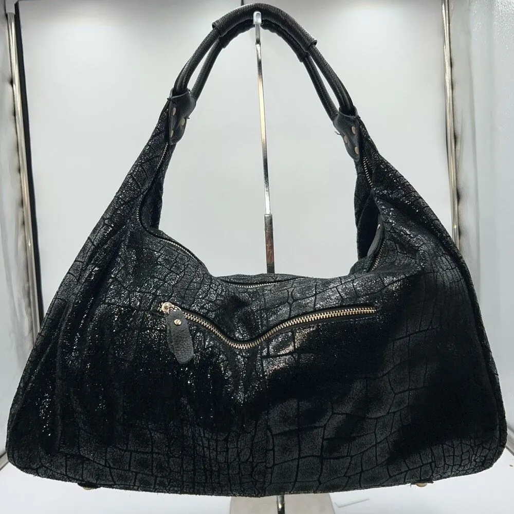Lola Bernard Shimmer Croco Embossed Soft Leather Slouch Bag Black - Image 2