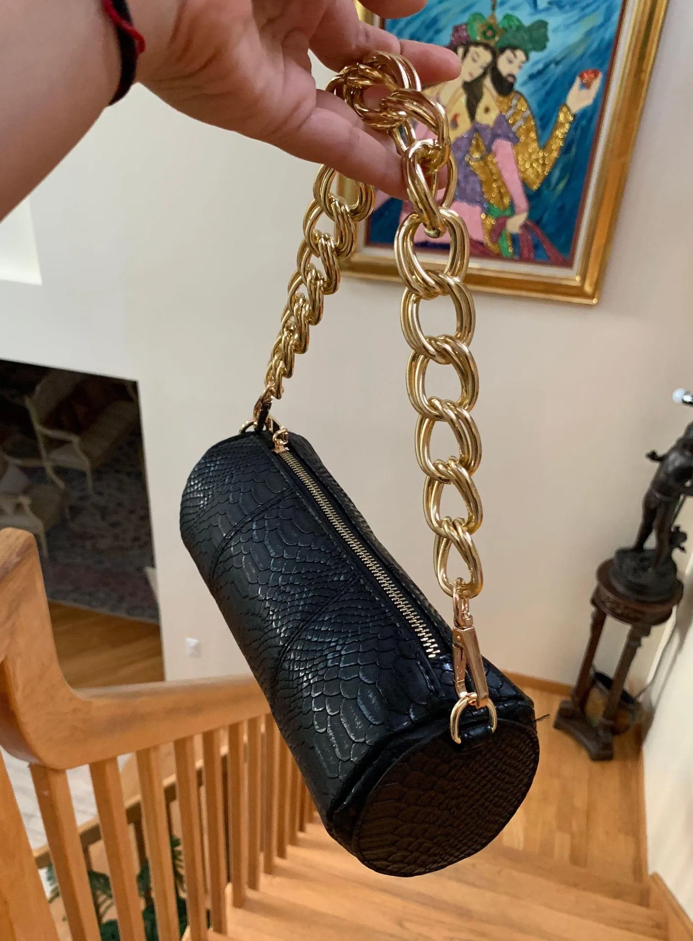 Croc Embossed Cylinder Satchel Bag Black - Image 3