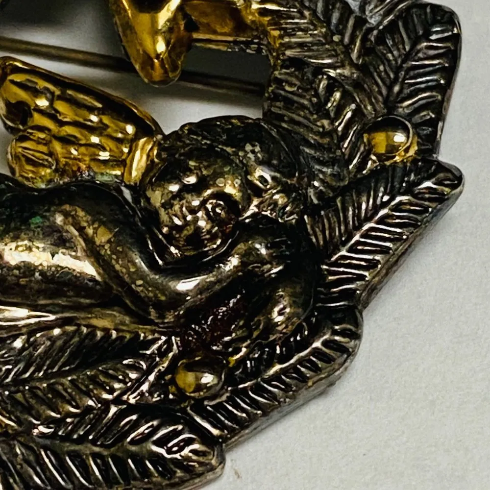 Christmas Pin Brooch Pendant BEST Wreath Sleeping Angel Cherub Baby Two Toned Gold - Image 15