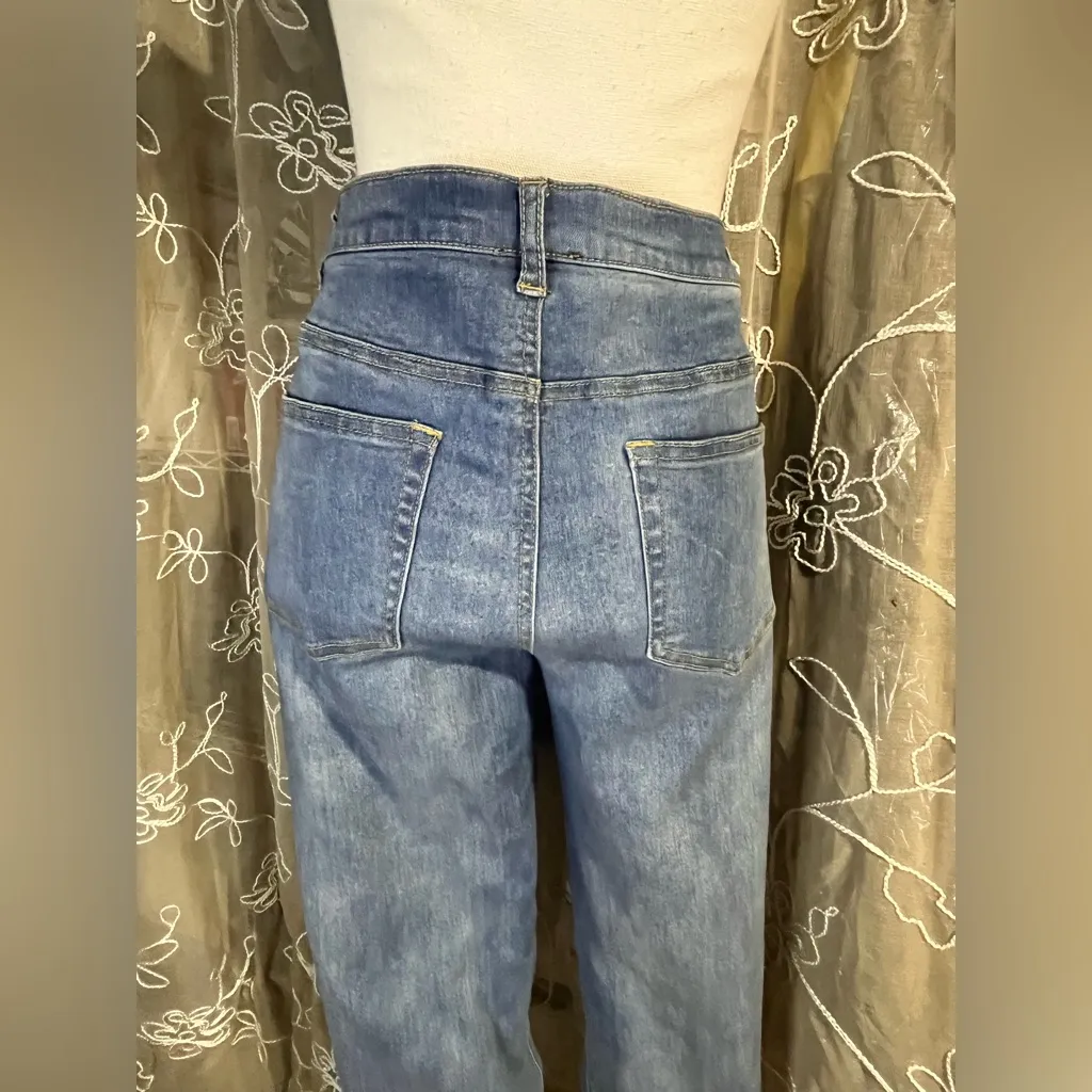 Venus Blue Denim Jeans Rhinestone Fishnet Distressed - Image 6