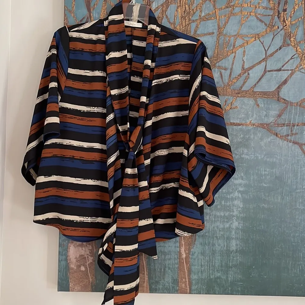 Lush Short Sleeve Satin Striped Top ties at top and bottom - Image 4