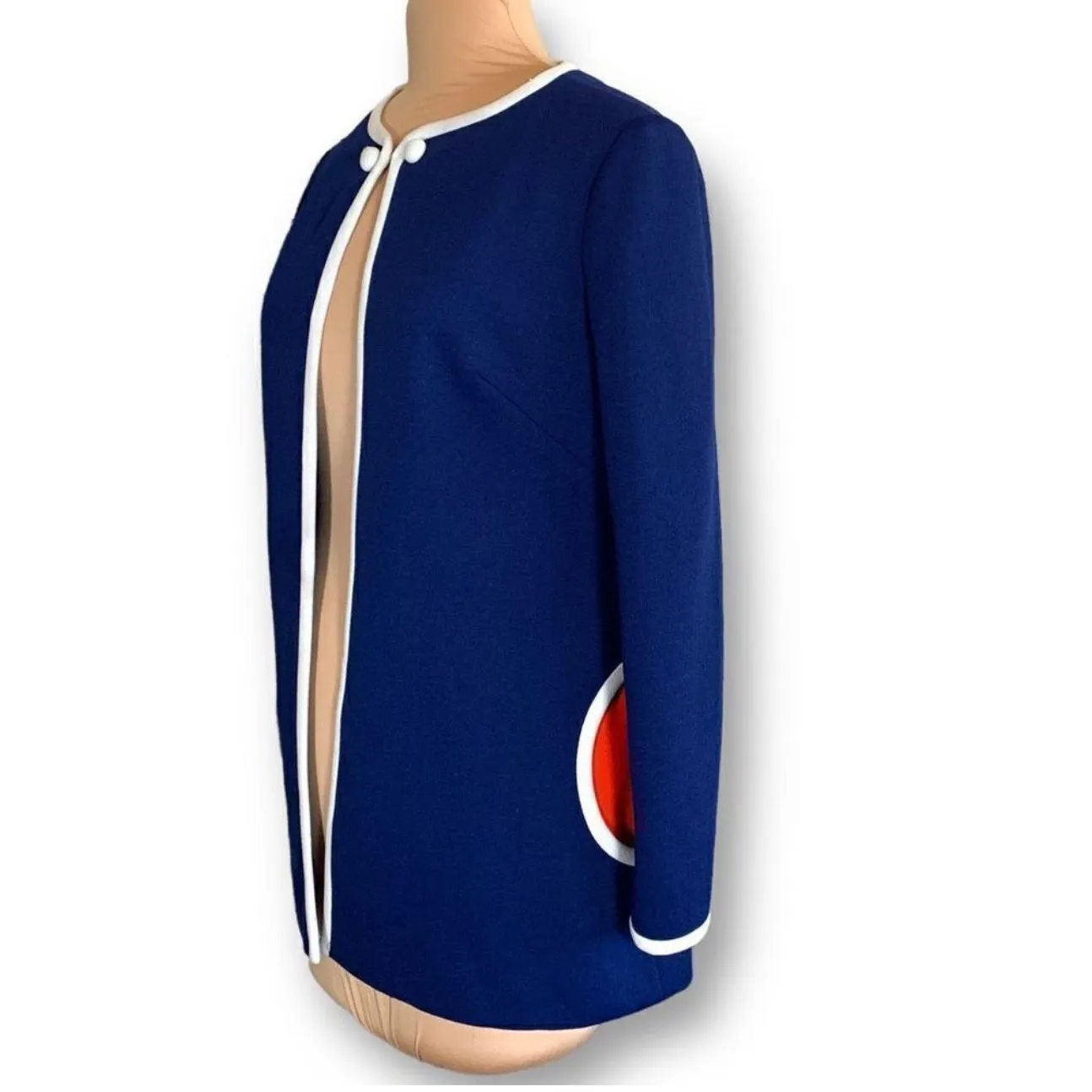 Vintage Judy Wayne Navy Blue Mod Coat Red Circular Pocket White Trim Carnaby Size M - Image 3