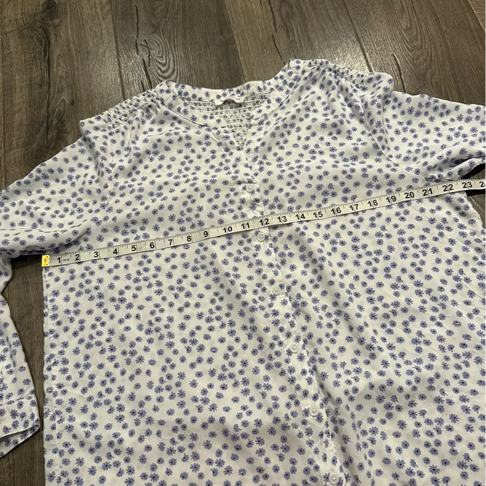 Beach Lunch Lounge Blouse Top Ditsy Blue Floral Flowy Cottagecore Button Up Sz L - Image 7