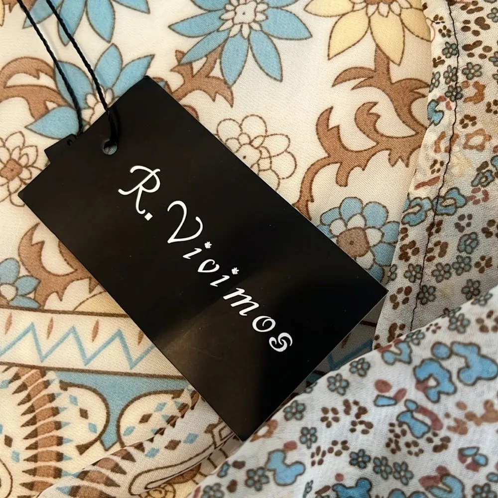 NWT R Vivimos szS sheer long sleeve button front floral print maxi dress coverup Brown - Image 3