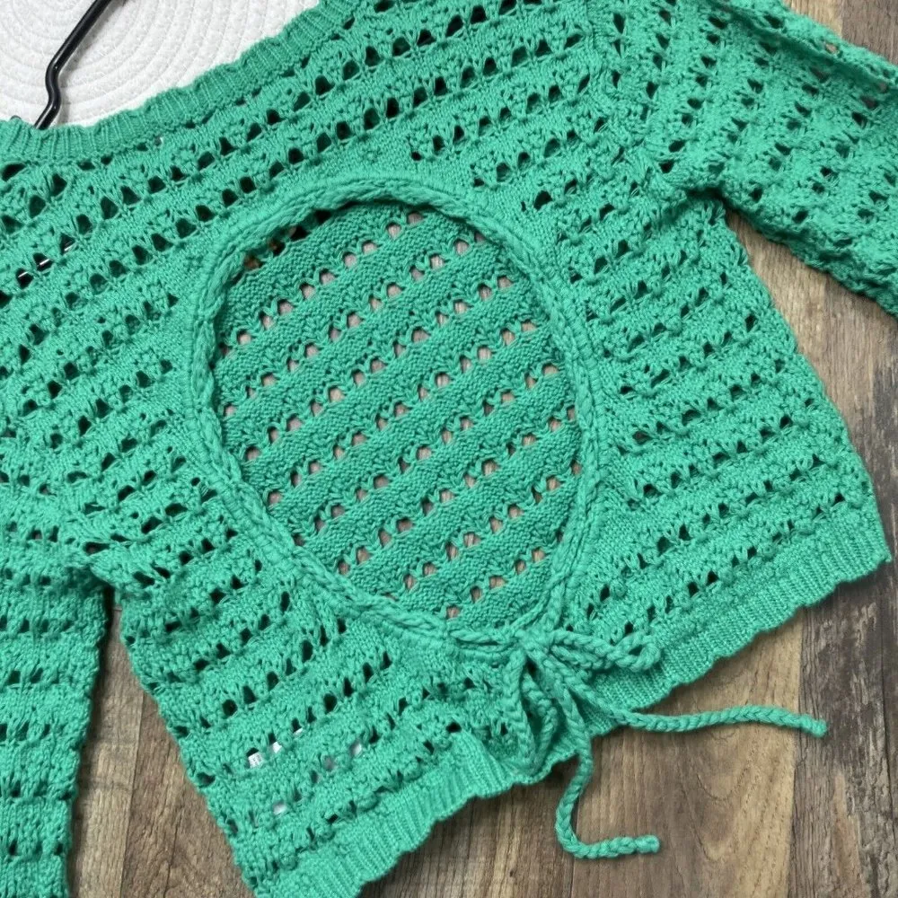 Free People Beach Green Crochet Cropped Sweater Open Back Womens Small Cotton - Image 4
