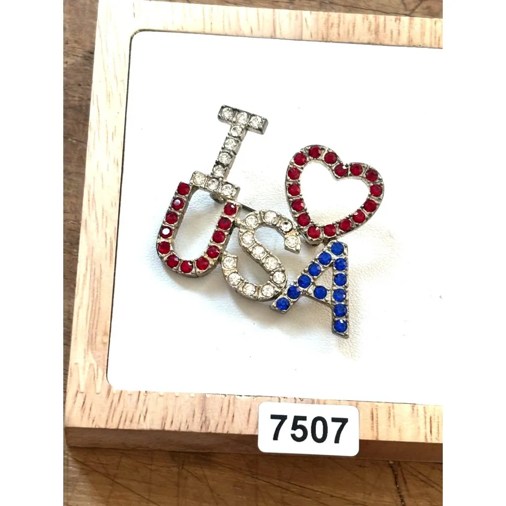 "I Love USA" Crystal Rhinestone Patriotic Brooch Pin Red - Image 2