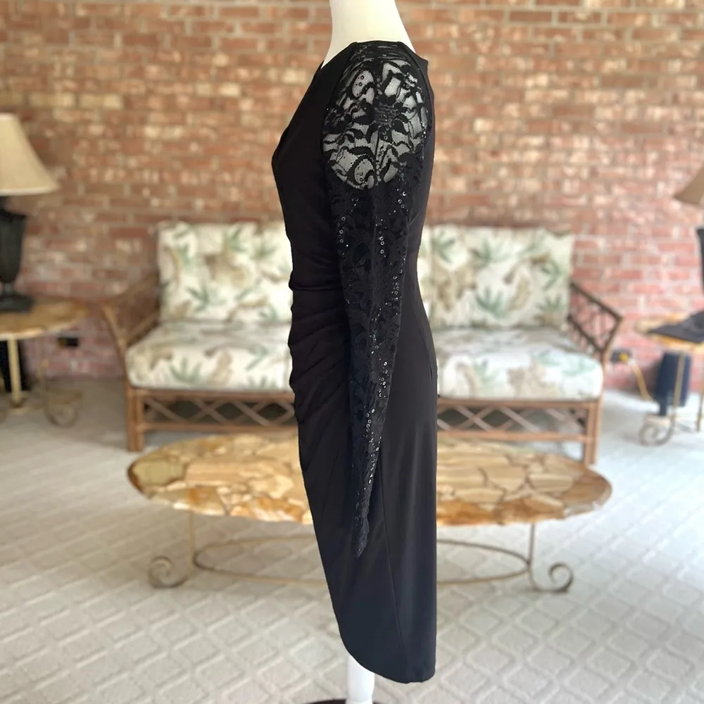Betsy & Adam Dress Ruched Sequin Black Lace Long Sleeve 4 Cocktail Party LBD - Image 8