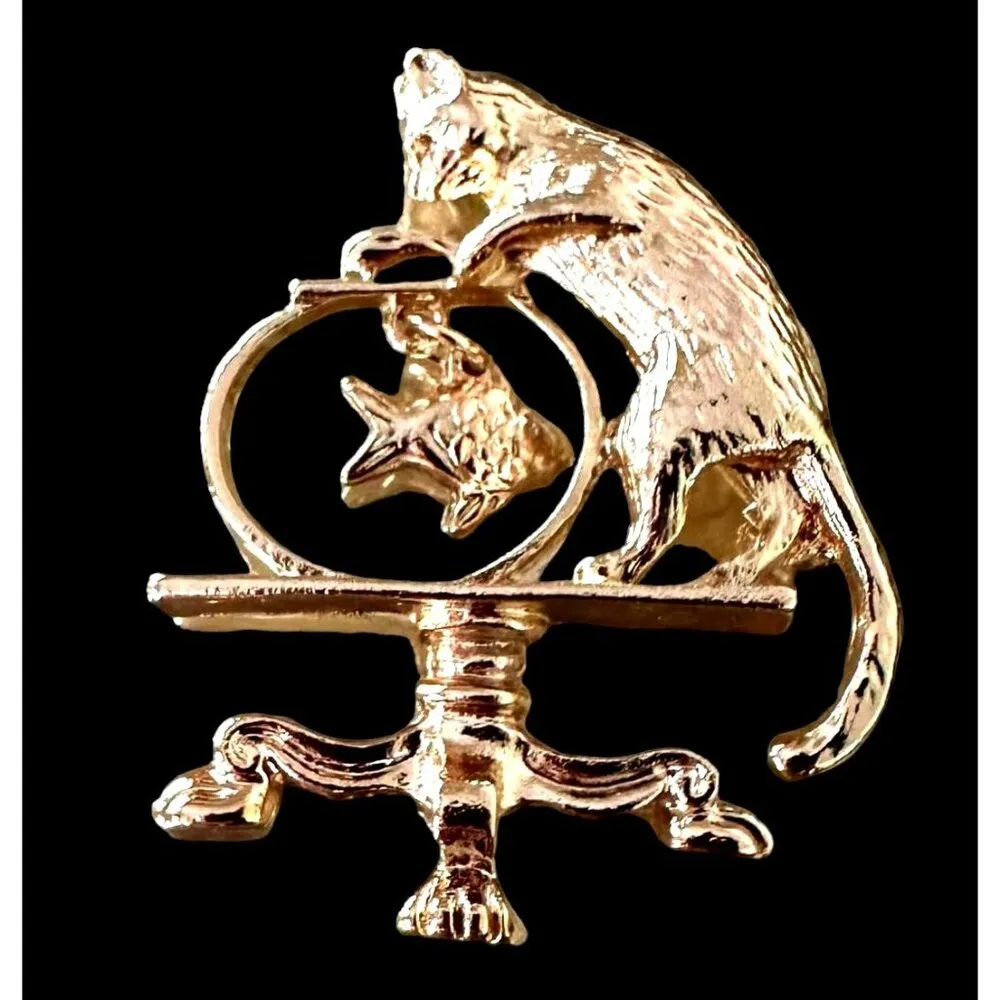 Cat Fish Fishbowl Pin Brooch New Kitty Lover Birthday Ferel Cat Rescue 2… Gold - Image 2