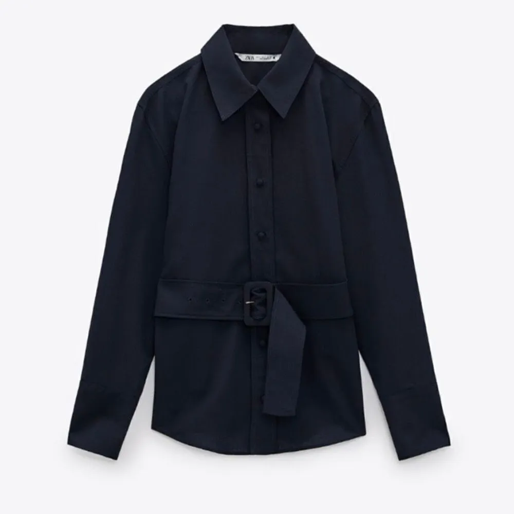 Zara Navy Blue Buckle Belt Button Down Shirt Blouse - Image 3