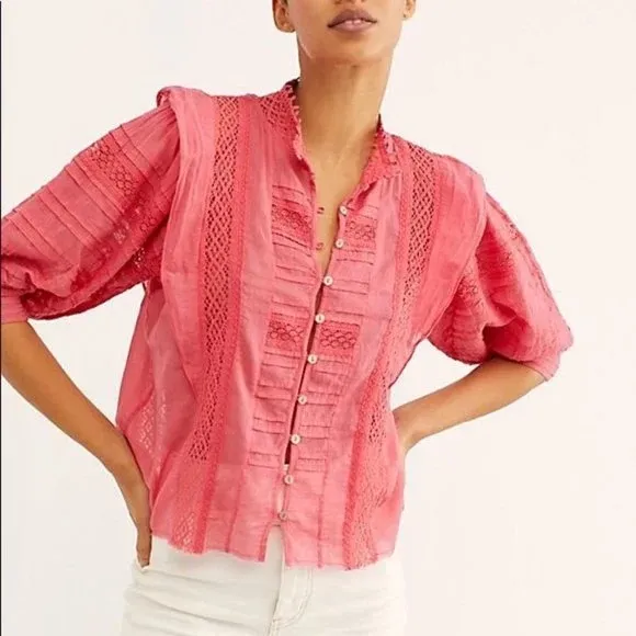 Free People Rosalind Pink Cotton Crochet Blouse Size Small - Image 7