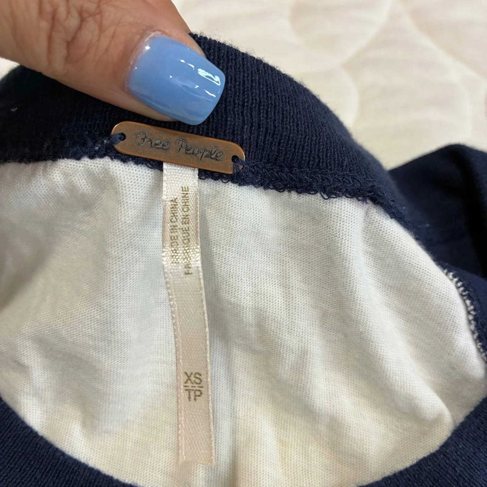 Free People Mustang Band T Shirt Crochet Overlay XS White Red Blue Boho Festival - Image 3