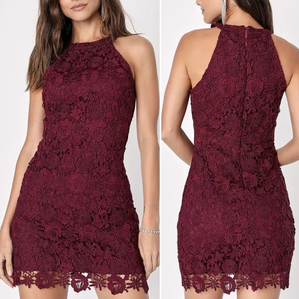 Lulus Love Poem Burgundy Lace Halter Mini Dress Size Small Valentine's Day Date - Image 4