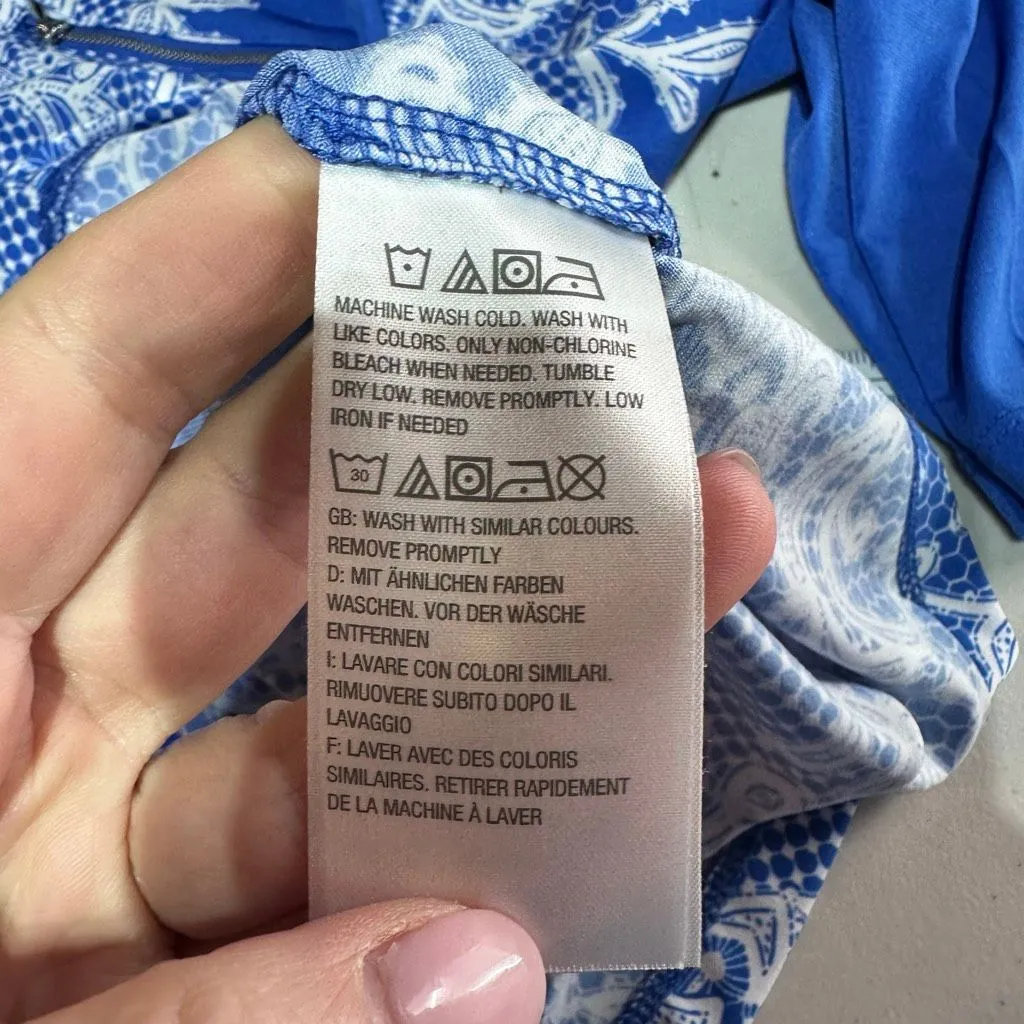 Susan Graver Royal Blue Baroque Lace Pattern Liquid Knit blouse Size S Popover - Image 7