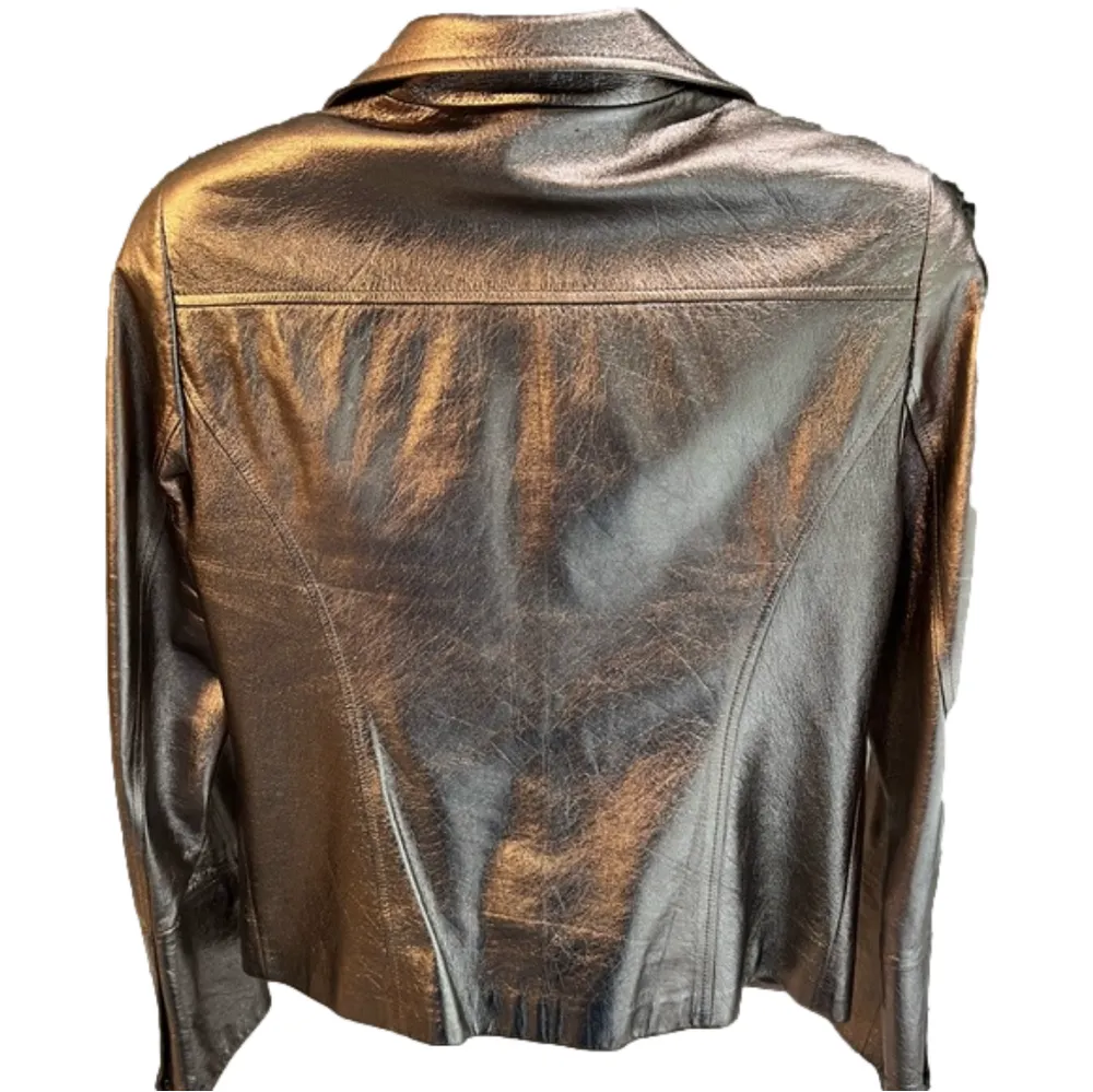 Lafayette 148 metallic burnished gold leather jacket, EUC, flaws as noted, sz 6 - Image 4