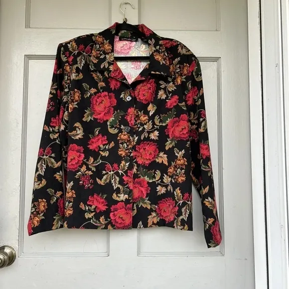 Briggs New York Jacket Womens Long Sleeve Button Up Black‎ Red Floral XL - Image 2