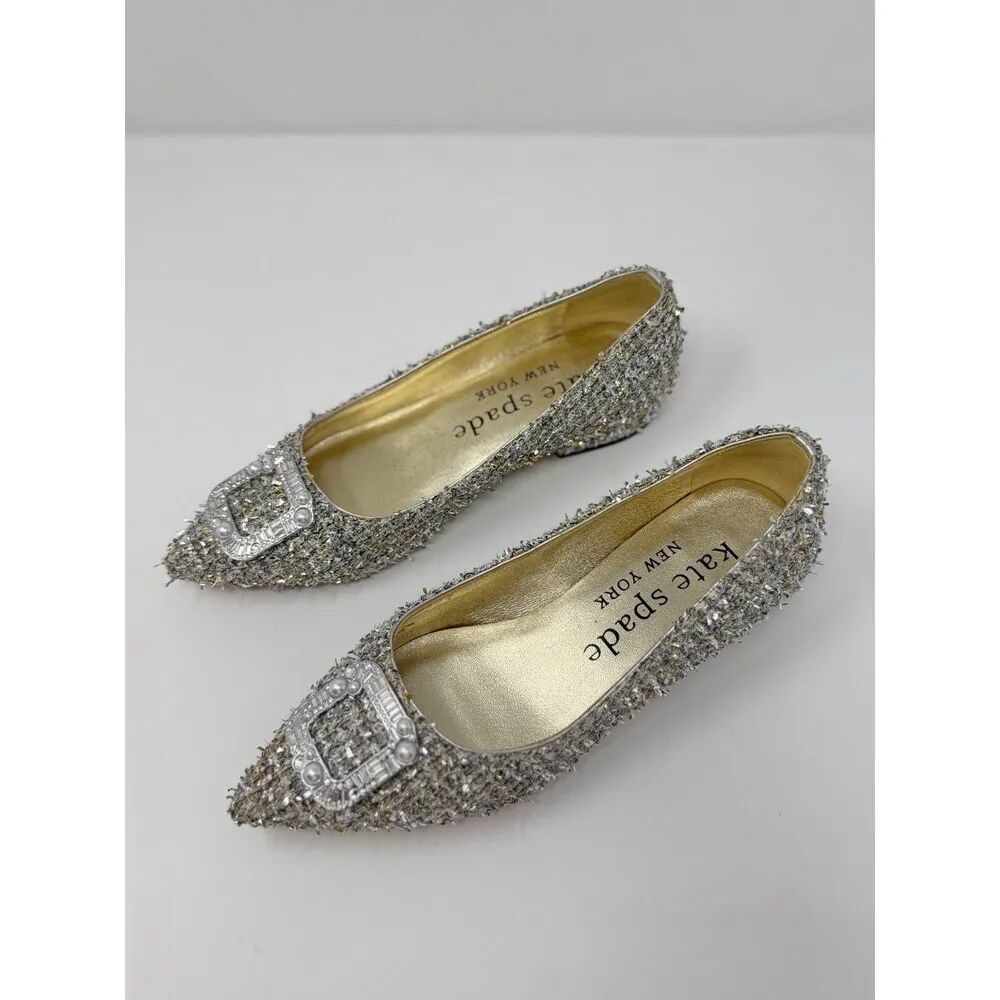 Kate Spade Sandals Silver Buckle Up Flats Metallic Tweed Pointed Toe US 6.5 B - Image 4