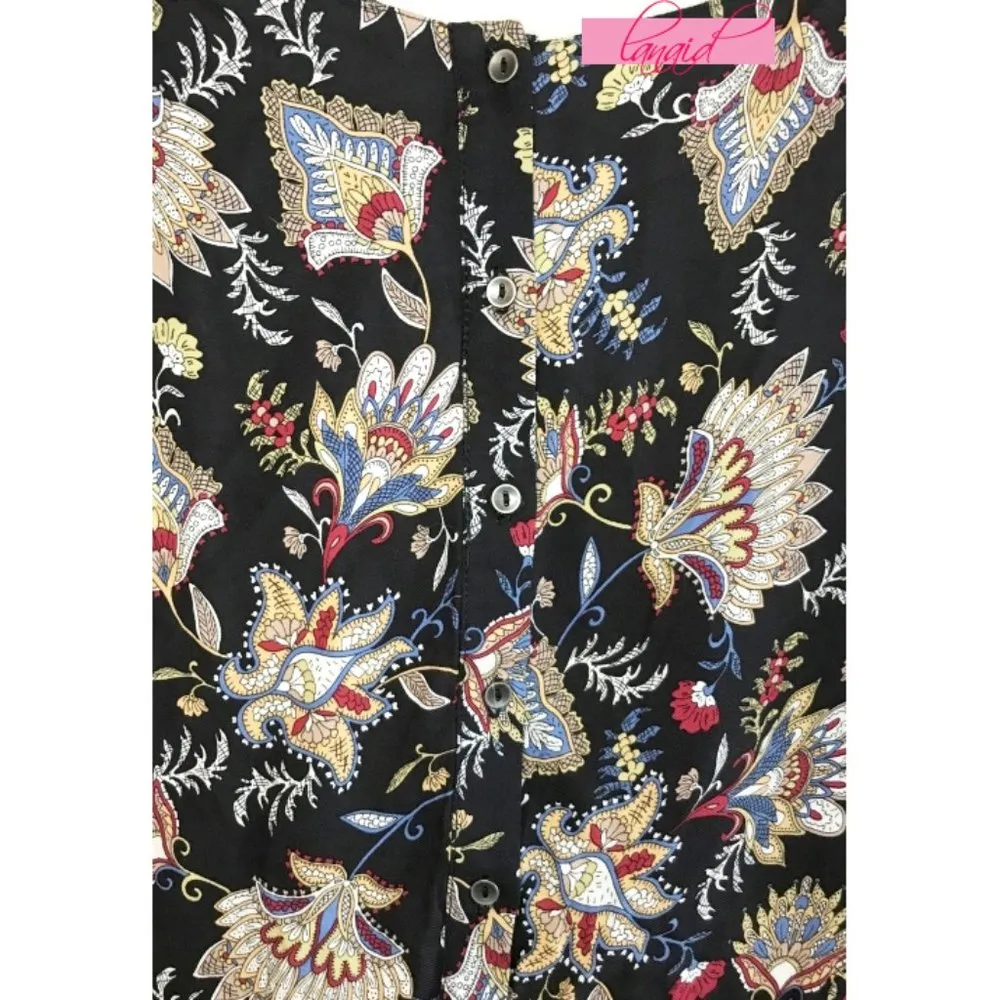 Floral Babydoll Button-Up Buttondown Back Long Sleeve Empire Waist Dress S - Image 5