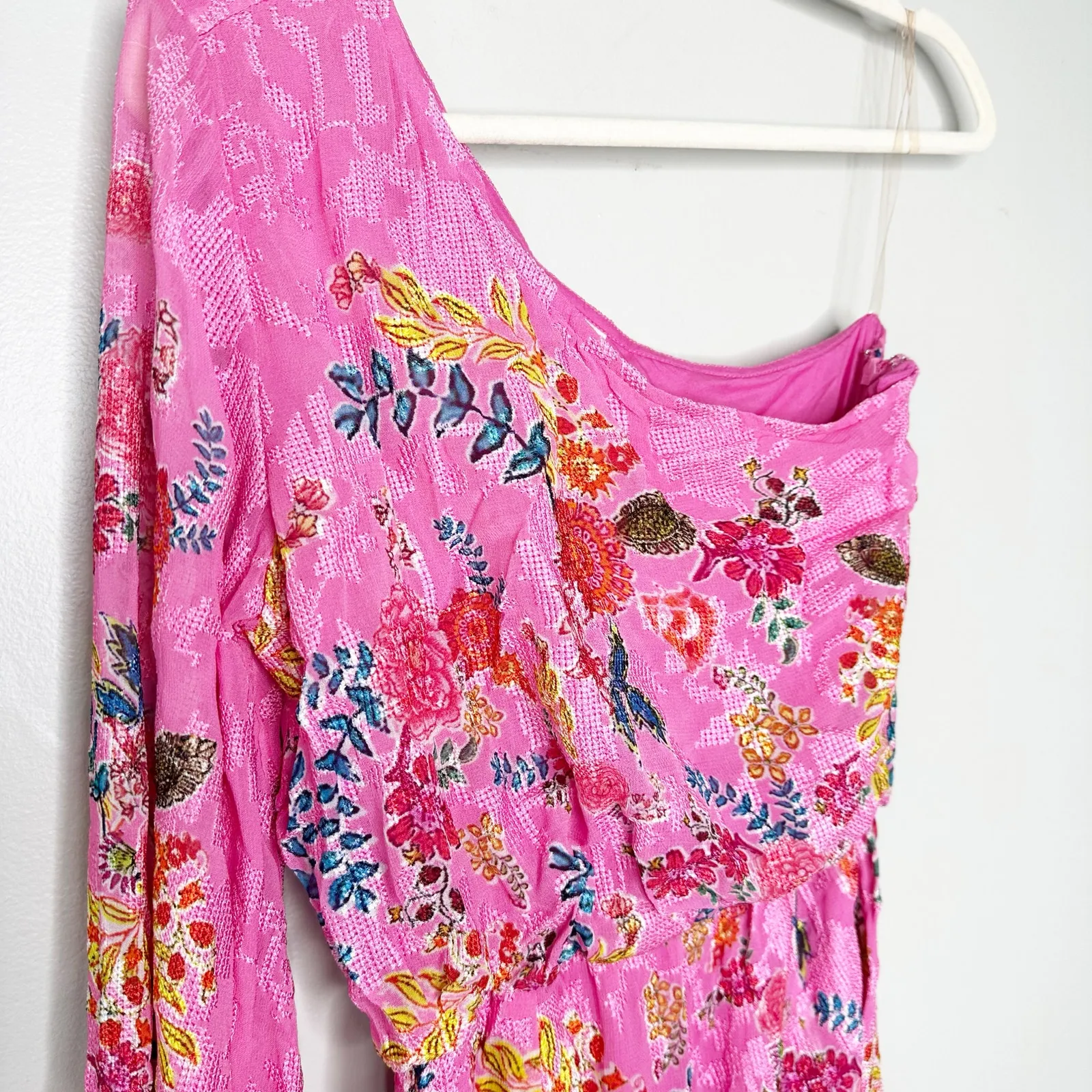 Hemant and Nandita Womens One Shoulder Midi Dress Ruffled Hem Floral Pink Size S - Image 9