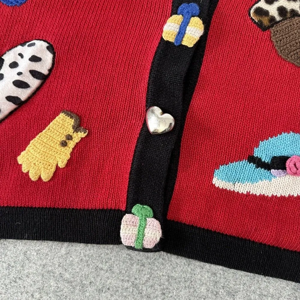 Vintage Berek Hand Knit Cardigan Sweater Womens Large Red Cat Hats Argyle - Image 16