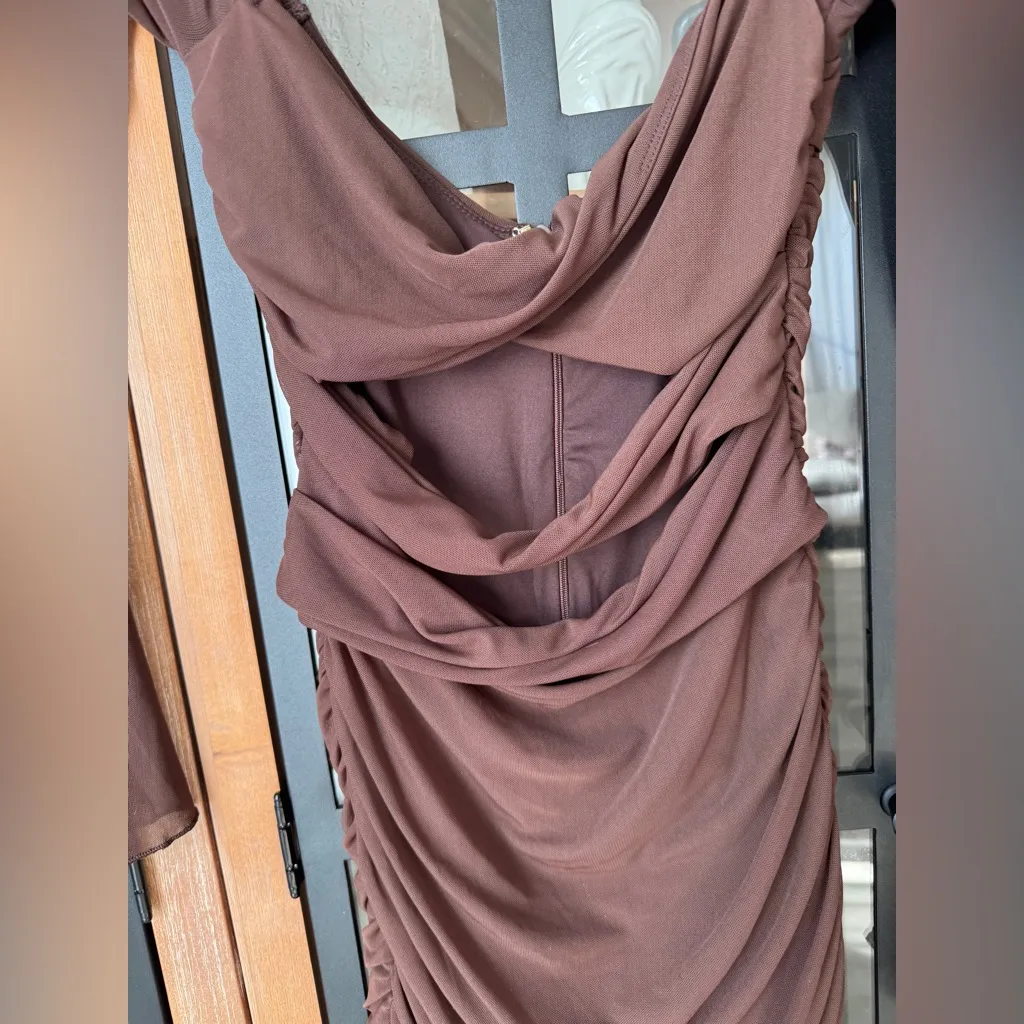 Oh Polly ruched bodycon dress Twist Cut Out Long Sleeve Mini chocolate mesh - Image 9