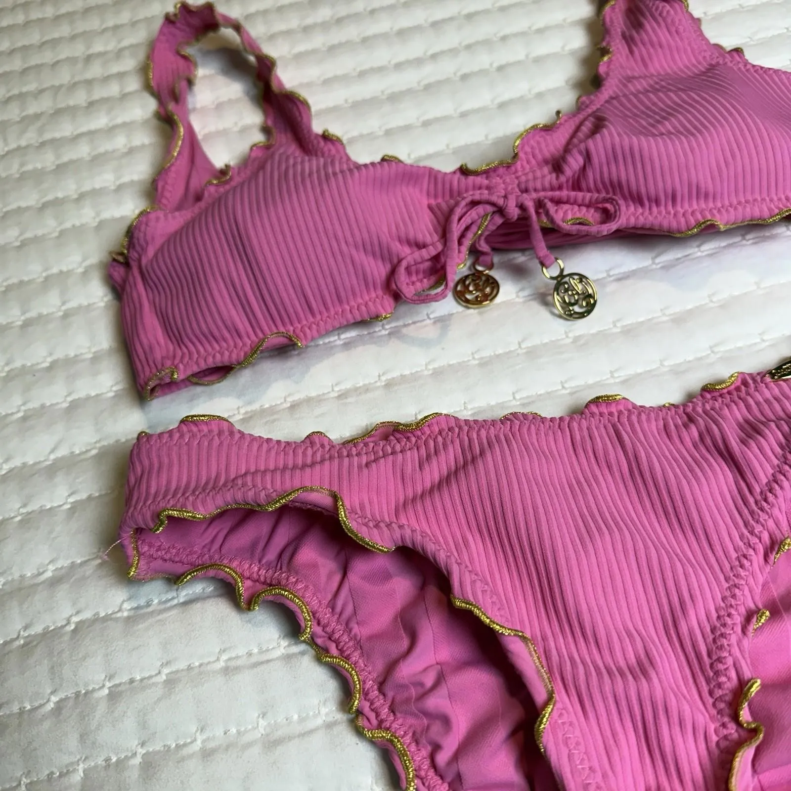 Luli Fama Adore Wavy Luxe Stitch Bikini Set Top & Bottom Sz S Small Pink - Image 3