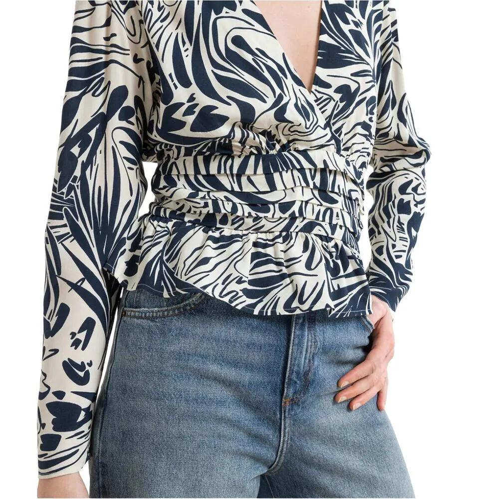 BA&SH Cae Graphic Print Draped V-Neck Long Sleeve Blouse Size Medium NWT - Image 15