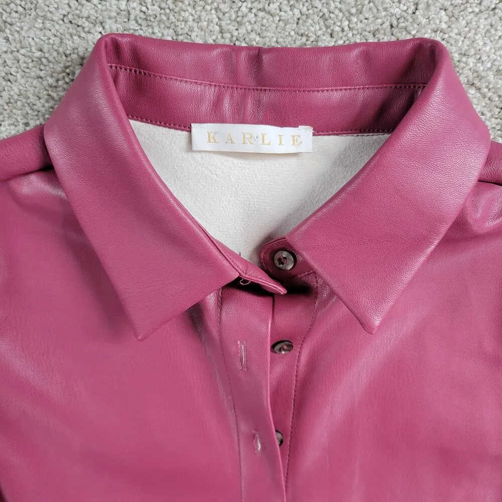 Karlie Womens Faux Leather Dress S Red Puff Sleeve Tiered Button Front Collared - Image 4