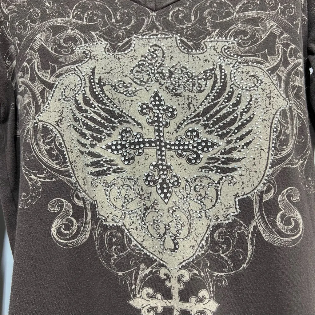 Katydid Long Sleeve cross wings studded rhinestones affliction style Read desc. Brown - Image 7