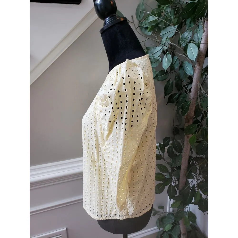 A New Day Blouse Top Women's Size XS Beige Crochet Pleated 3/4 Sleeve Crew Neck - Image 10