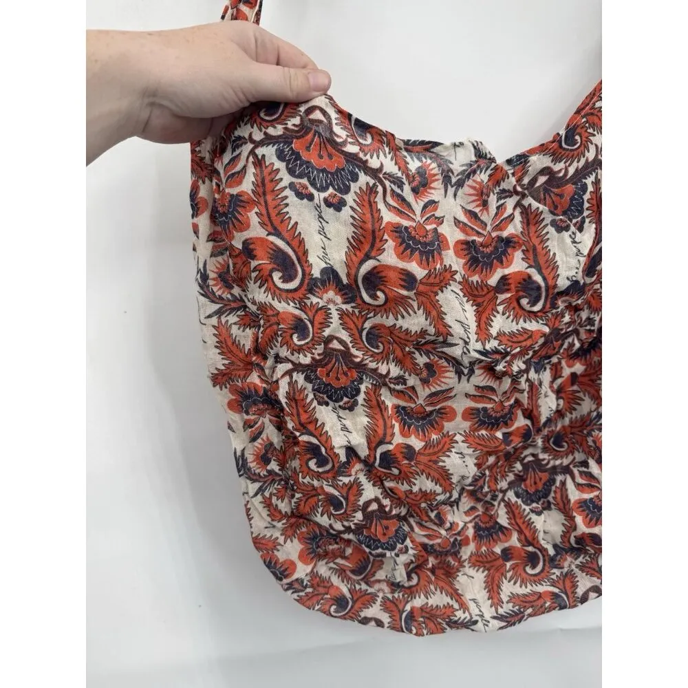 Free People Hobo Tote Shoulder Bag Orange Linen Floral Beach Boho Hippie Gauzy‎ - Image 3