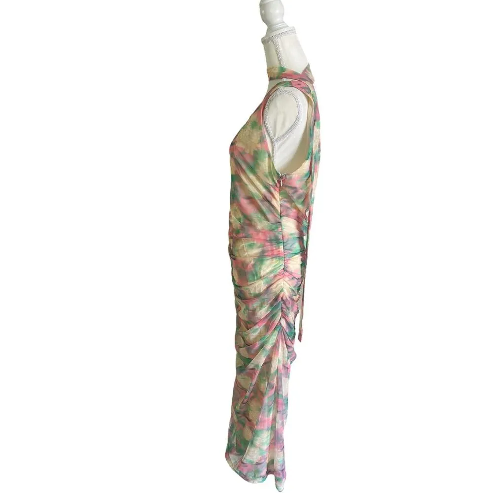 ASTR the Label Abstract Print Asymmetric Midi Green Pink Ruched Dress Size XL - Image 5