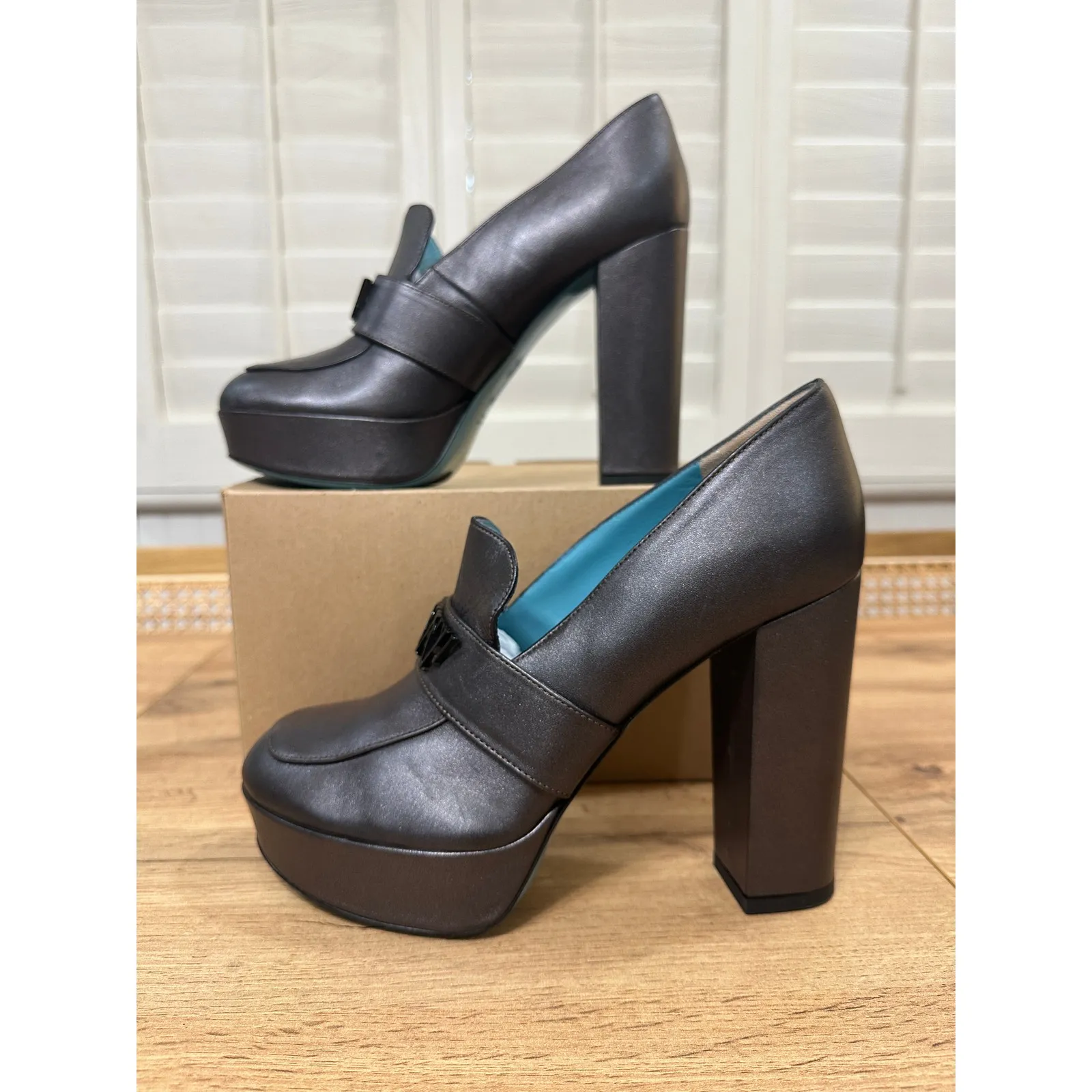 Valentina Rangoni Minnie Platform Black Diamond Heel Pewter Leather Size 10 NWOB - Image 5