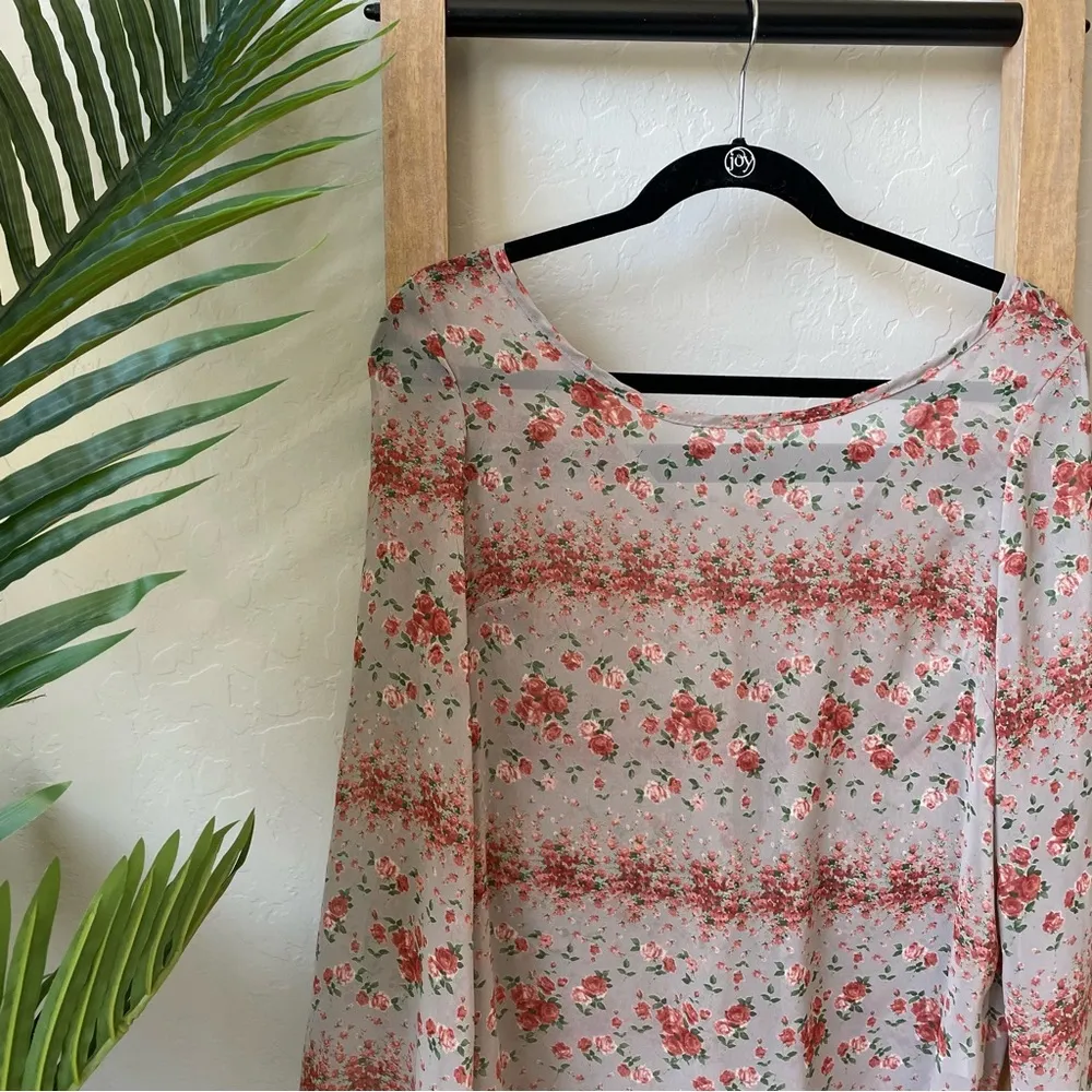 Lovely Day Floral Slightly Sheer Boho Long Sleeve Lace Up Back Top Blouse - Image 2