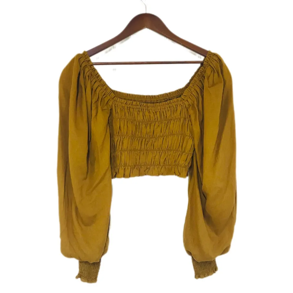 A LOVES A Cropped Peasant Top Mustard Brown Smocked Long‎ Sleeve Linen Size XS - Image 3