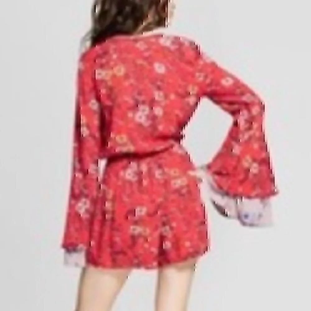 XHILARATION Coral Red Multi Floral Long Bell Flare Sleeve Wrap Surplice Romper S - Image 3