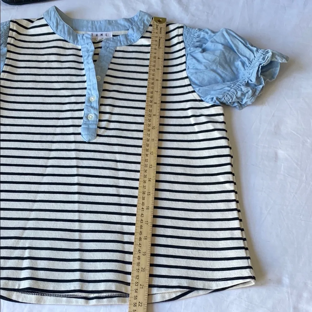 THML Blue and White Puff Sleeve Blouse with Mandarin Collar - Image 8