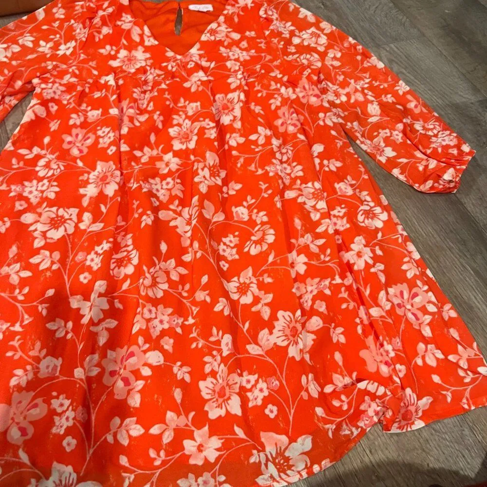 Pink Lily orange babydoll dress with white big flowers L - Image 4