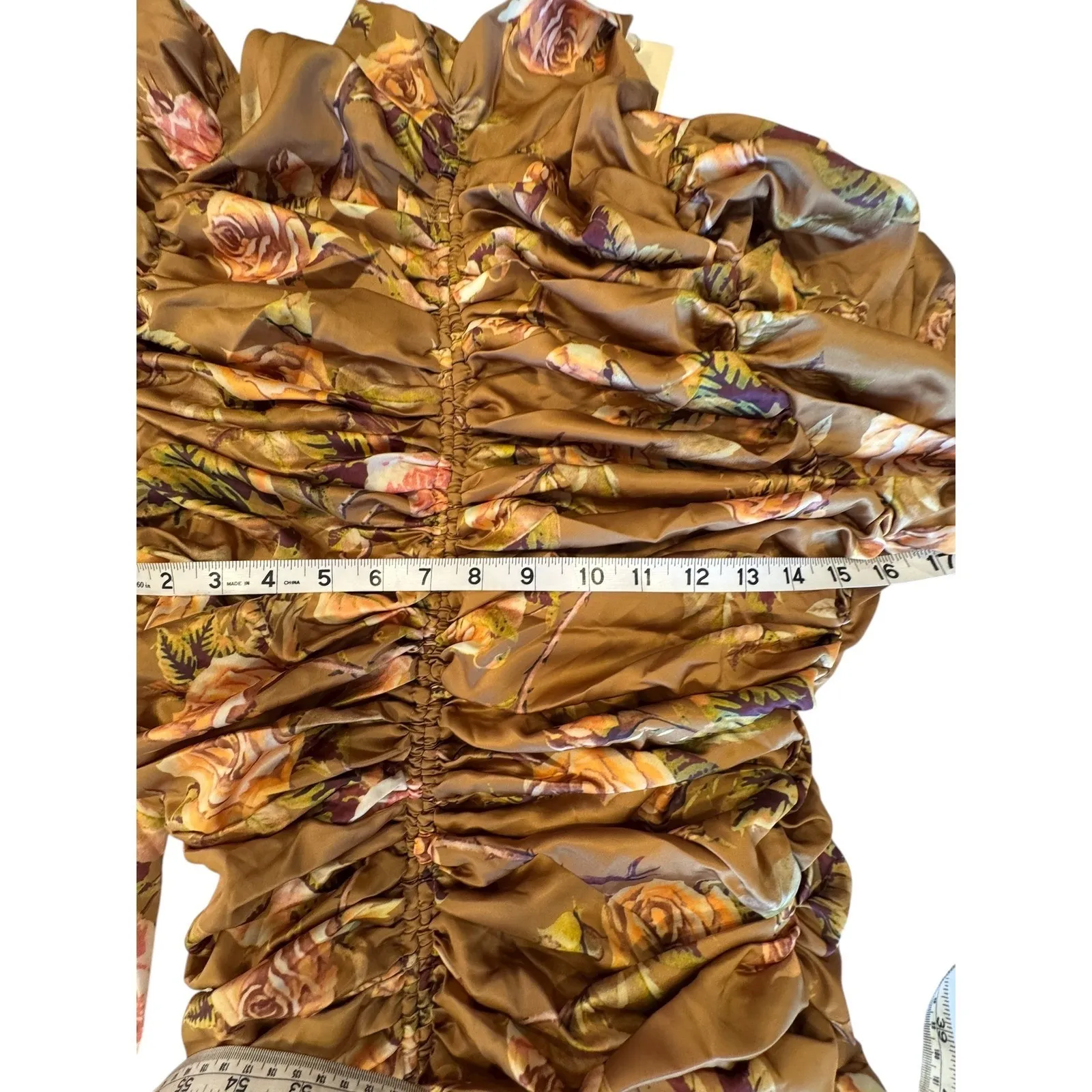 A Peuch Ruched Puff Sleeve Mock Neck‎ Floral Print Mini Dress Brown M Size M - Image 6