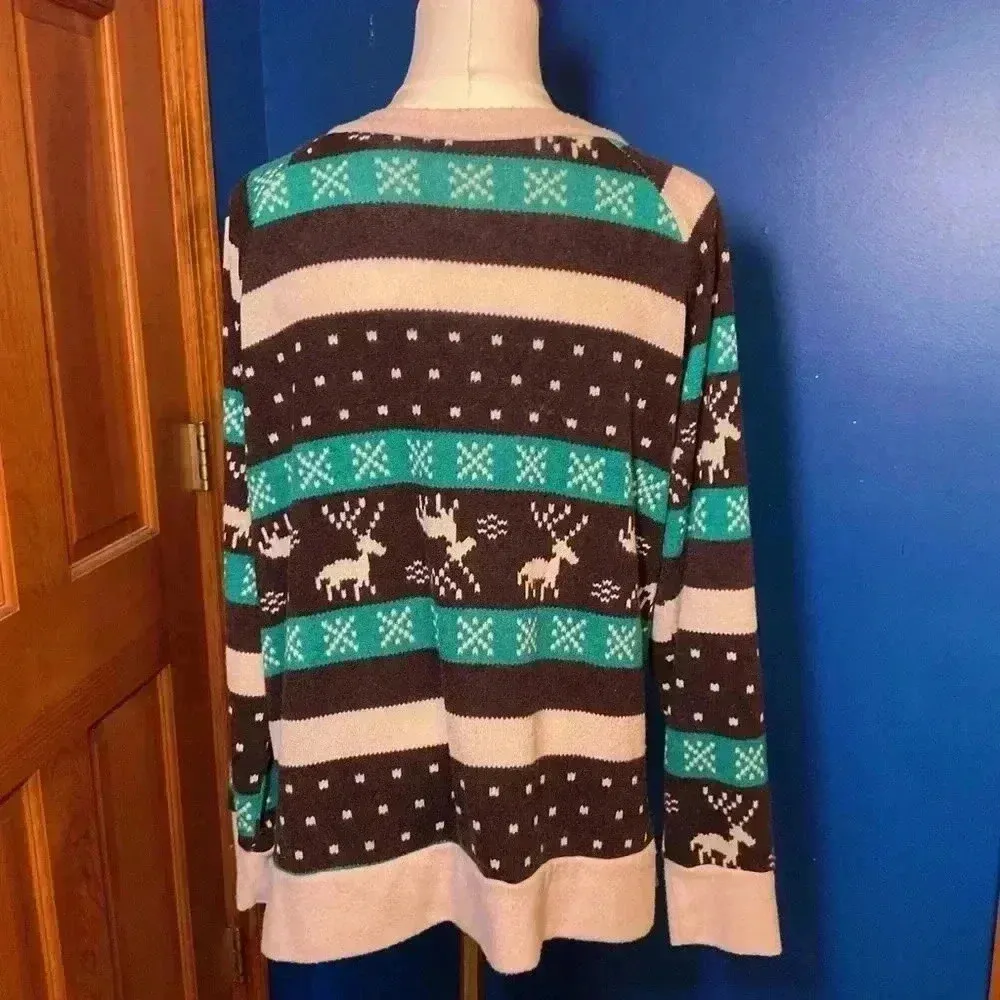 Women's Teal and Black Fleece Top with Reindeer Pattern Blue Size L - Image 3
