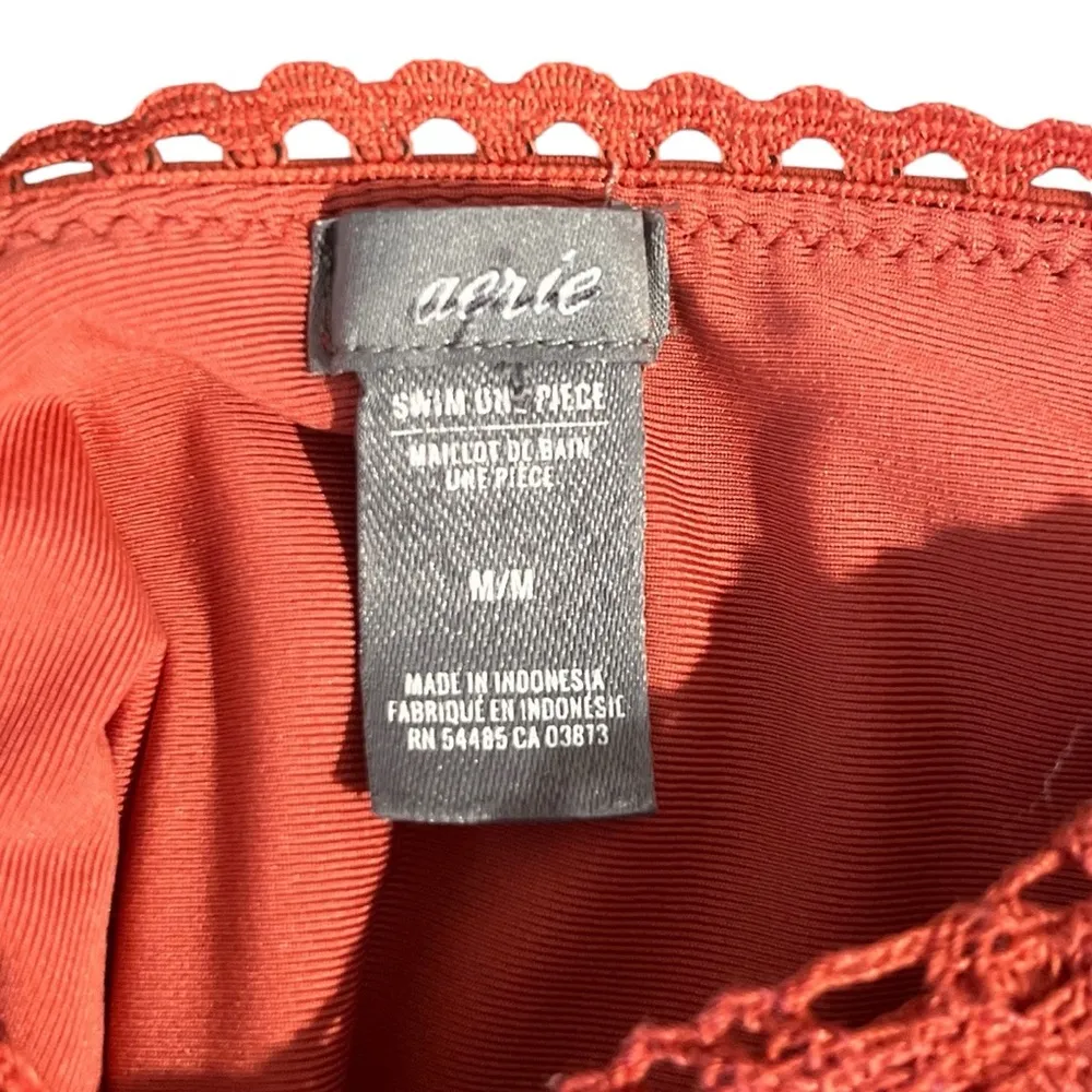 Aerie Crochet Lace Trim V Neck Back High Cut One Piece Swimsuit Rust Orange M - Image 7