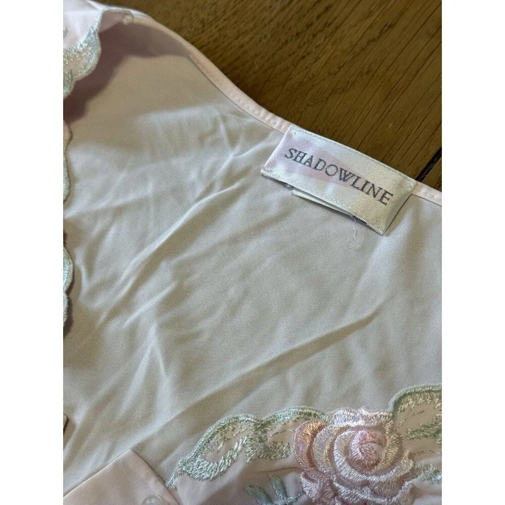 Shadowline Embroidered Rose Night Gown Medium Pink Midi Buttons Soft Cottagecore - Image 3